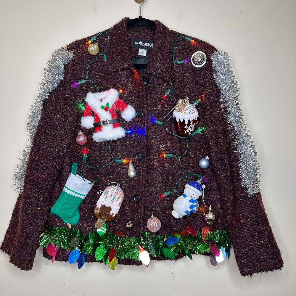 Ugly Christmas Sweater Blazer LIGHTS UP Tacky Tinsel Xmas Party Winner Medium